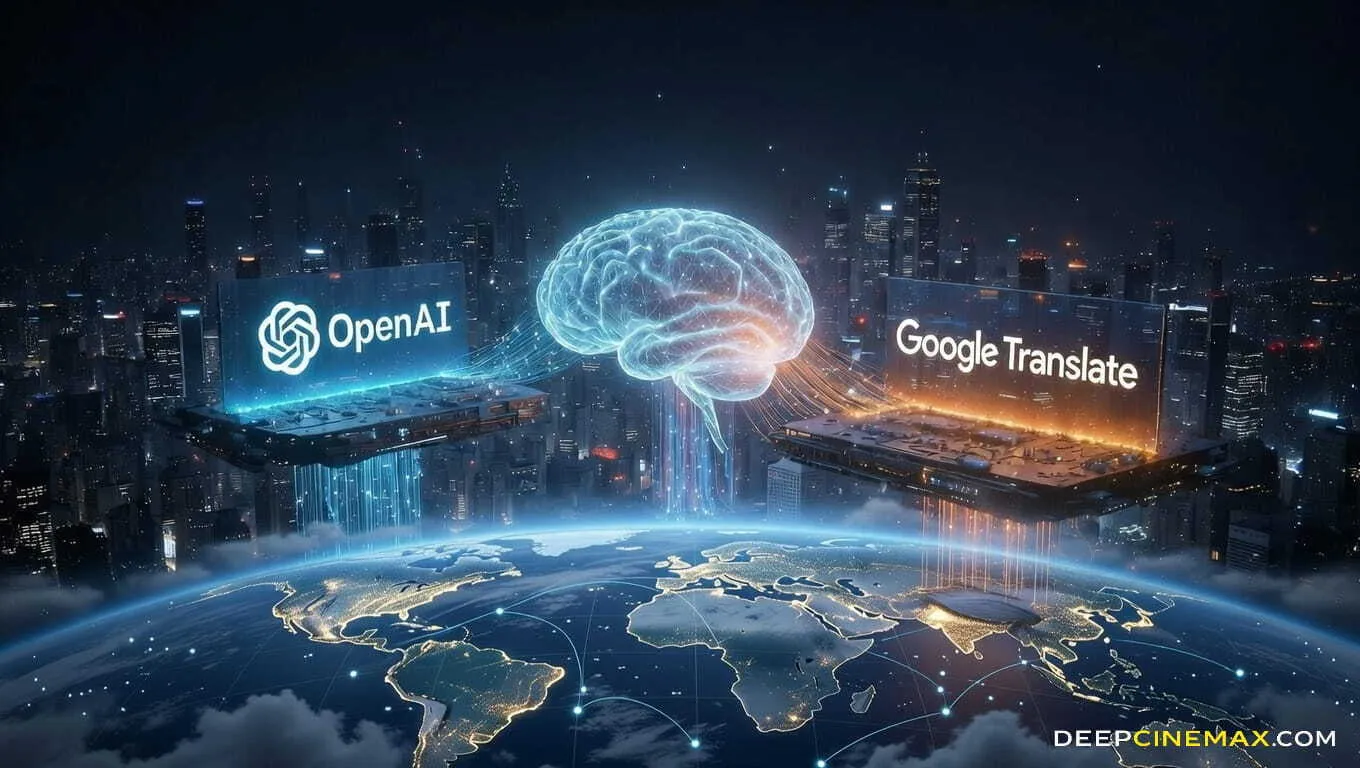 Логотипы OpenAI и Google Translate по обе стороны светящегося мозга над ночной Землёй