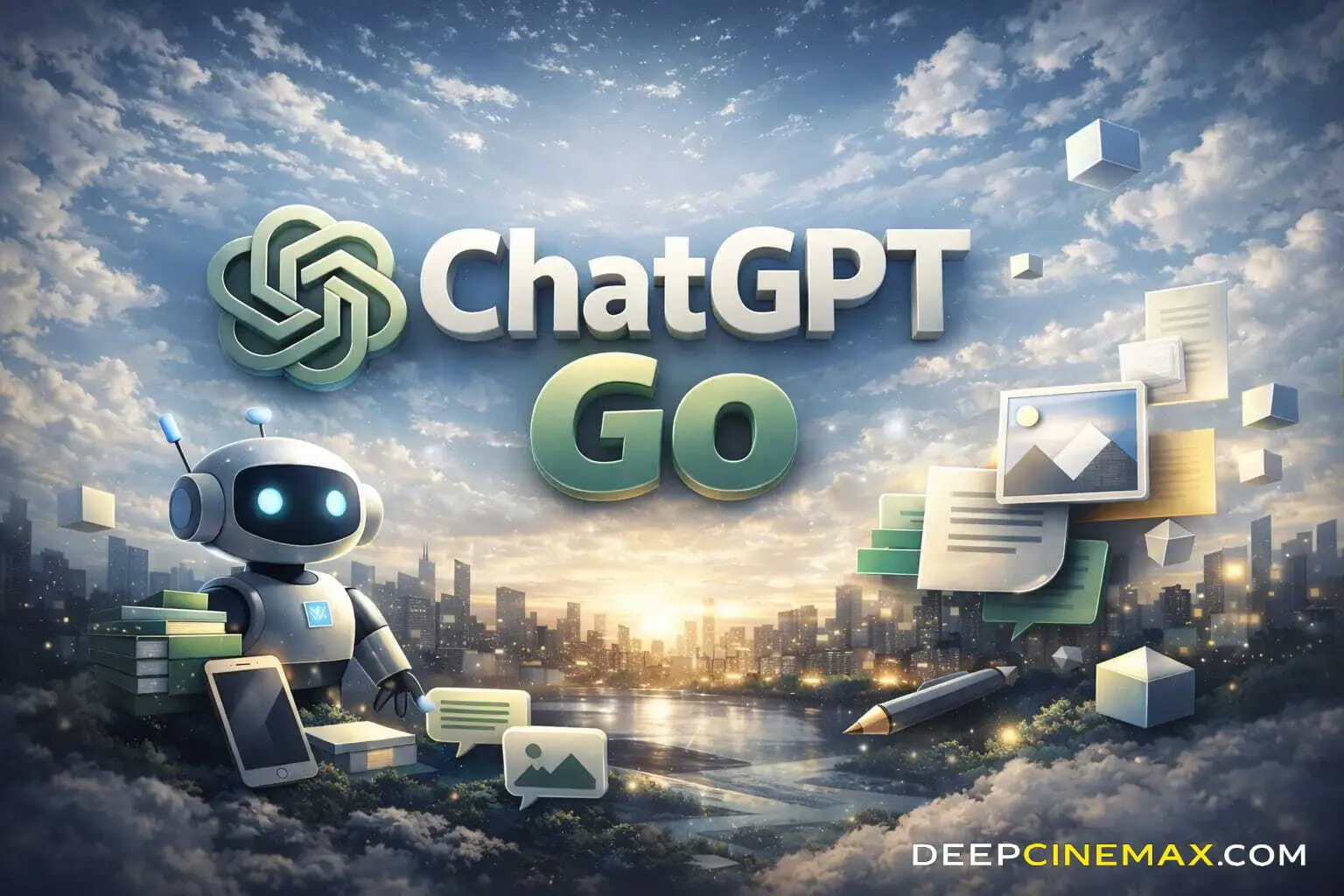 Логотип ChatGPT Go над вечерним городом, рядом робот со смартфоном и летящие документы и картинки