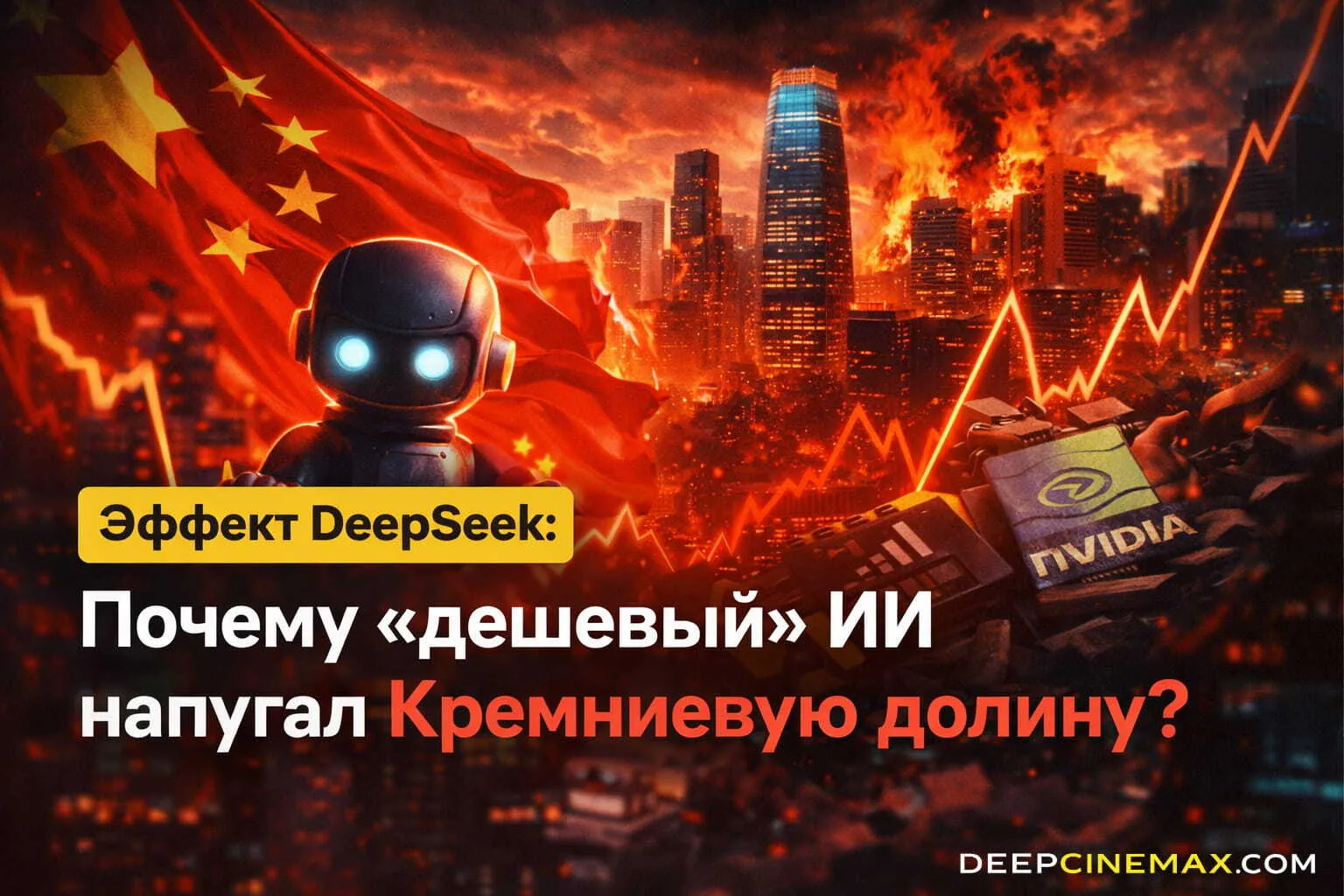 Робот на фоне китайского флага и горящего города, падающие графики и чип NVIDIA; надпись «Эффект DeepSeek: почему дешёвый ИИ напугал Кремниевую долину?»